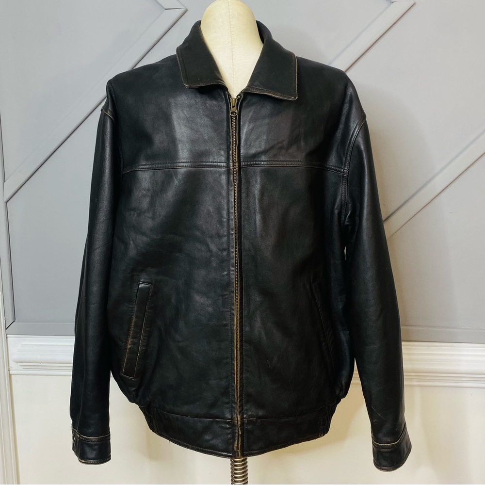 Linea Uomo Black Leather Flight Bomber Jacket Full-Zip Men’s Size XL